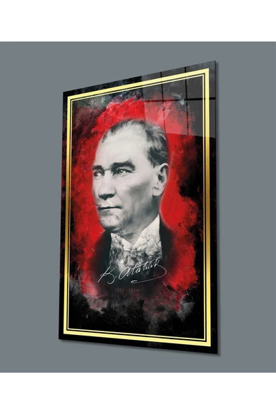 AlpiLeo Gold Şerit Kırmızı Siyah Fonlu Atatürk Alp Özel Cam Tablo, Uv Baskılı Ve Temperli ürün görseli 1