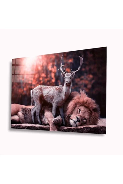 AlpiLeo Aslan Ve Geyik Alp Özel Cam Tablo 4mm Dayanıklı Temperli Cam ürün görseli 1