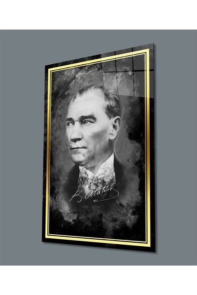 AlpiLeo Gold Şerit Atatürk Portresi Siyah Beyaz Alp Özel Cam Tablo, Uv Baskılı Ve Temperli ürün görseli 1