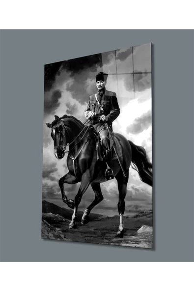 AlpiLeo Siyah Beyaz At Üzerinde Atatürk Alp Özel Cam Tablo, Uv Baskılı ürün görseli 1