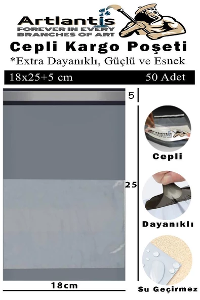 Plastik Kargo Poşeti Cepli 18x25+5 cm 50 Adet 1 Paket Ekonomik Cepli Kargo Poşeti Dayanıklı Gri Esnek ürün görseli 1