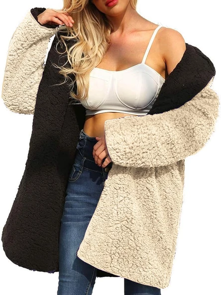 Peluş Çift Taraflı Kışlık Kadın Tüylü Ceket - Resim 3