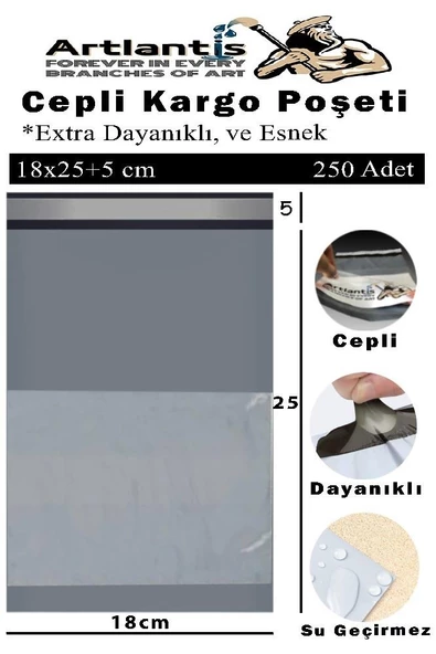 Plastik Kargo Poşeti Cepli 18x25+5 cm 250 Adet 1 Paket Ekonomik Cepli Kargo Poşeti Dayanıklı Gri Esnek ürün görseli 1