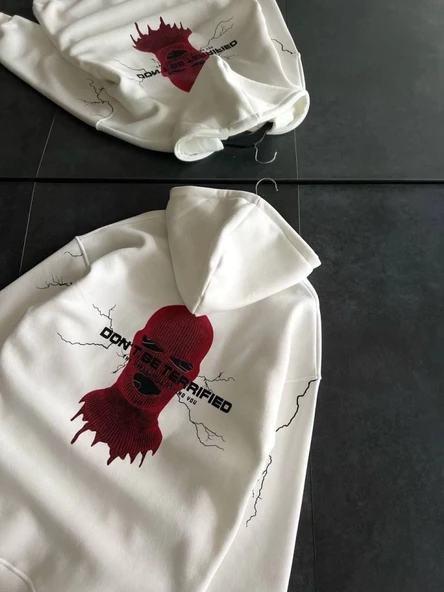 Üç İplik Kapşonlu Baskılı Oversize SweatShirt- Beyaz ürün görseli 1