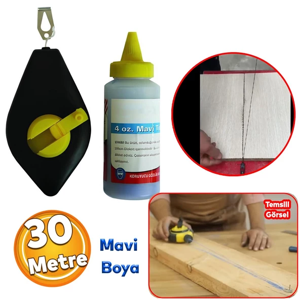 Plastik Hazneli Boyalı Çırpı Çizim İpi İnşaat Marangoz İp 30 Metre Mavi Tebeşir Boya ürün görseli 1