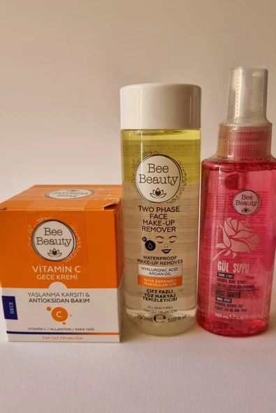 Bee Beauty Çift Fazlı Yüz Makyaj Temizleyicisi 150 ml Vitamin C Gece Kremi 50 ml Gül Suyu 100 ml ürün görseli 1