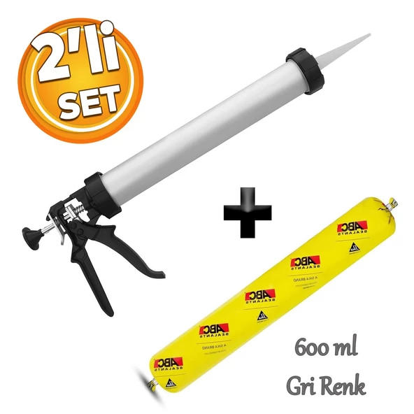 Sosis PU Silikon Mastik Gri Renk 600 ml Tabanca Güçlü Yapıştırıcı Sızdırmaz Yalıtım Tabancalı Set ürün görseli 1