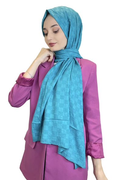 Belli Dubai Şal - Dama Desen Jakarlı Dubai Şal - Ütü İstemez Şal 01151  TURKUAZ ürün görseli 1