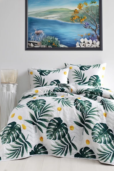 Upstyle Baskılı Pike Takımı Çift Kişilik Monstera Yeşil ürün görseli 1