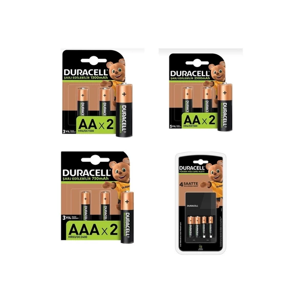 Duracell Cef 14 Şarj Cihazı Şarj Edilebilir 2 adet 2500 mAh AA 4 adet 1300 mAh AA ve 4 adet 750 mAh AAA Pil Paketi ürün görseli 1