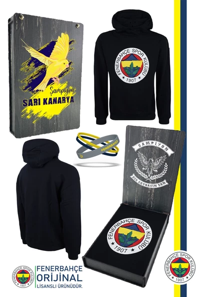 Fenerbahçe Orijinal Lisanslı Logolu Lacivert Kapüşonlu Sweat + Bileklik Set Özel Ahşap Kutulu ürün görseli 1