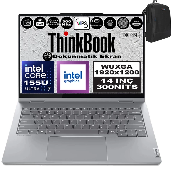 Lenovo Thinkbook 14 2-In-1 G4 Iml Intel Core Ultra 7 155U 48GB Ddr5 512GB SSD 14" Dokunmatik Wuxga 300NITS IPS Windows 11 Home Taşınabilir Bilgisayar 21MX002VTRH17 + Zetta Çanta ürün görseli 1