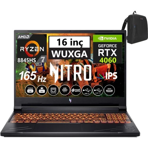 Acer Nitro V16 ANV16-41 Amd R7 8845HS Aı 64GB Ddr5 4tb SSD 8GB/RTX4060 WINDOWS11PRO 16" 165Hz Wxuga IPS Taşınabilir Bilgisayar WNHQRUEY00356+WEBLEGELSINÇANTA ürün görseli 1