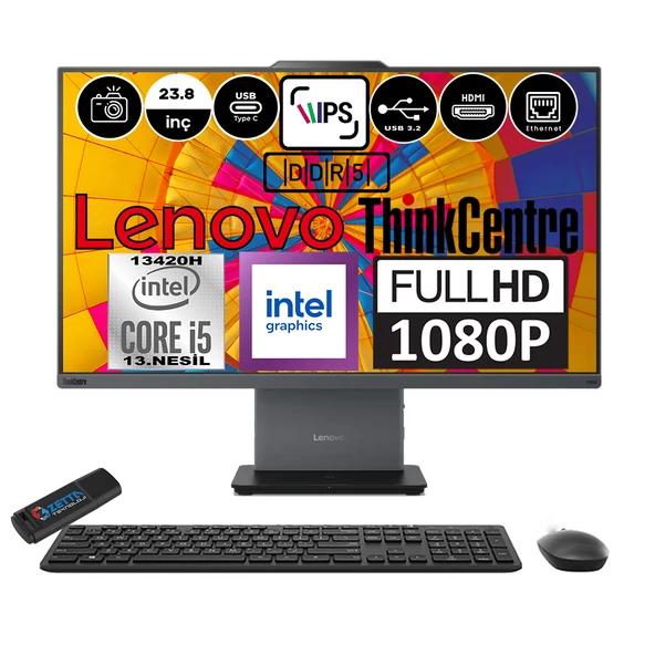 Lenovo Thinkcentre Neo 24 50A Gen5 Intel Core I5 13420H 96GB Ddr5 2tb SSD Freedos Intel® UHD Graphics 23.8" Fhd All In One Bilgisayar 12SC000YTRF19 + Zetta Flash Bellek ürün görseli 1