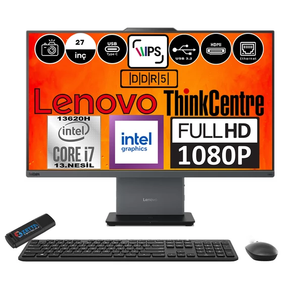 Lenovo Thinkcentre Neo 27 50A Gen5 Intel Core I7 13620H 64GB Ddr5 1tb SSD Freedos Intel® UHD Graphics 27" Fhd All In One Bilgisayar 12SA000RTRF13 + Zetta Flash Bellek ürün görseli 1