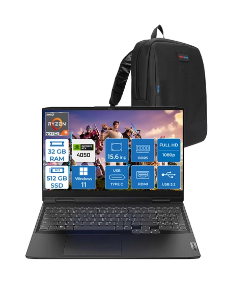Lenovo Ideapad Gaming 3 15ARH7 Ryzen 5 7535HS 32GB Ddr5 512GB SSD 6GB/RTX4050 (85W) Windows 11 Home IPS 120Hz 15.6" Fhd Taşınabilir Bilgisayar 882SB00PDTXWH04 + Zettaçanta ürün görseli 1