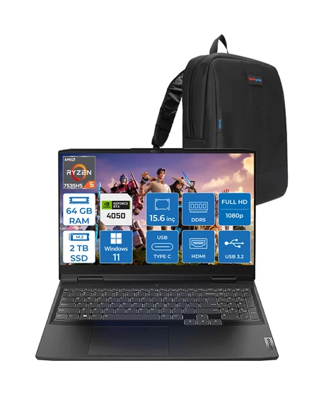 Lenovo Ideapad Gaming 3 15ARH7 Ryzen 5 7535HS 64GB Ddr5 2tb SSD 6GB/RTX4050 (85W) Windows 11 Home IPS 120Hz 15.6" Fhd Taşınabilir Bilgisayar 882SB00PDTXWH10 + Zettaçanta ürün görseli 1