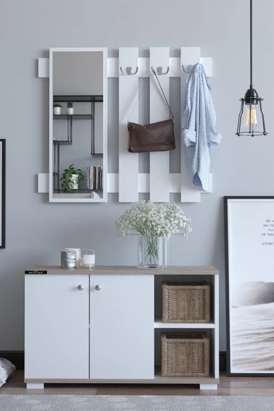 Remaks Plus Aynalı Vestiyer Ayakkabılık Portmanto Ve Duvar Askısı - Cordoba / Beyaz ürün görseli 1