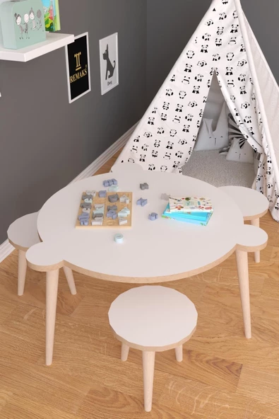 Remaks Yuvarlak Yaz Sil Yüzey Çocuk Masa Sandalye Takımı 1 Aktivite Oyun Masası 3 Sandalye - Beyaz ürün görseli 1