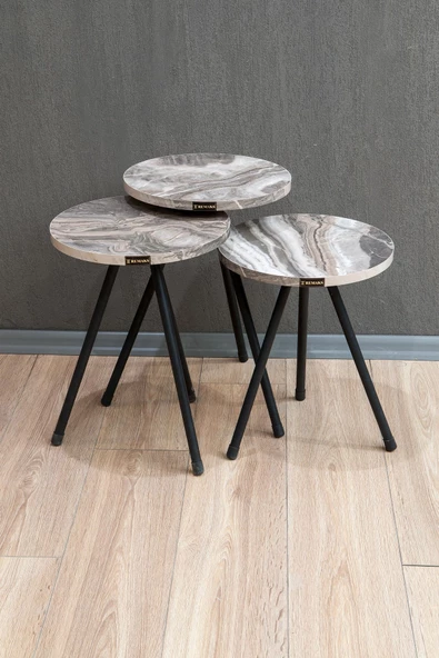 Remaks Yuvarlak Metal Ayaklı 3'Lü Zigon Sehpa Çay Sehpası Servis Sehpası - Gri Mermer / Gri Mermer ürün görseli 1