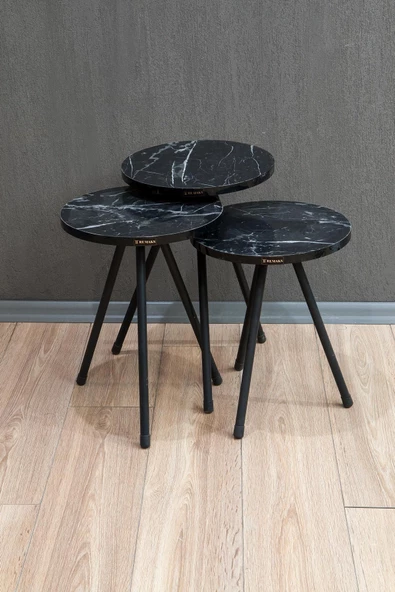 Remaks Yuvarlak Metal Ayaklı 3'Lü Zigon Sehpa Çay Sehpası Servis Sehpası - Siyah Mermer / Siyah Mer ürün görseli 1