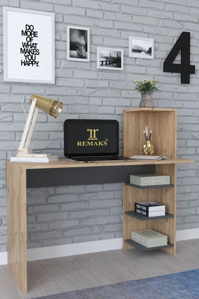 Remaks Tower Bilgisayar Masası, Pc Masası, Raflı Çalışma Masası - Meşe ürün görseli 1