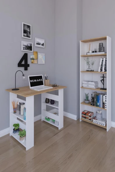 Remaks Arzu Çalışma Ve Pc Masası - Meşe , 5 Raflı Kitaplık - Meşe ürün görseli 1