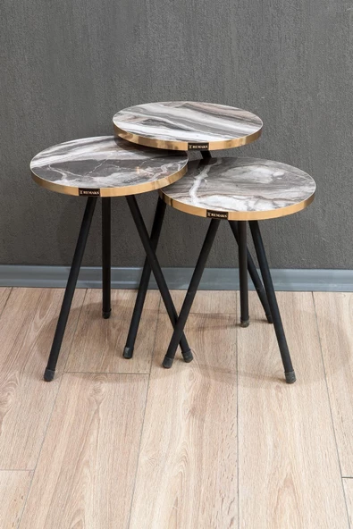 Remaks Yuvarlak Metal Ayaklı 3'Lü Zigon Sehpa Çay Sehpası Servis Sehpası - Gri Mermer / Gold ürün görseli 1