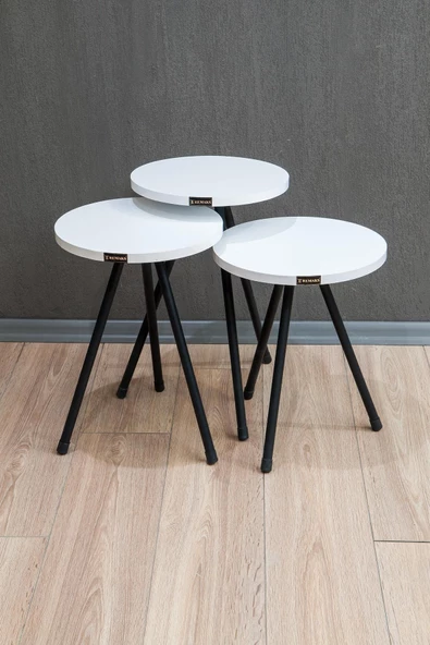 Remaks Yuvarlak Metal Ayaklı 3'Lü Zigon Sehpa Çay Sehpası Servis Sehpası - Beyaz / Beyaz ürün görseli 1