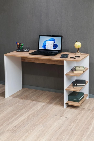Remaks Ram Bilgisayar Masası, Pc Masası, Raflı Çalışma Masası - Meşe / Beyaz ürün görseli 1