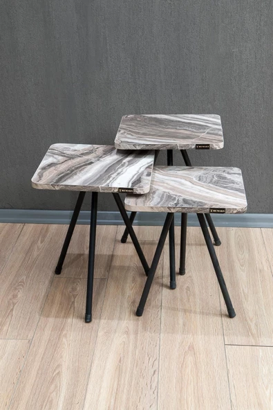Remaks Kare Metal Ayaklı 3'Lü Zigon Sehpa Çay Sehpası Servis Sehpası - Gri Mermer / Gri Mermer ürün görseli 1