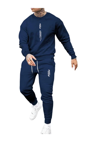 Erkek Dikey Baskılı Oversize Bisiklet Yaka Eşofman Takımı ürün görseli 1