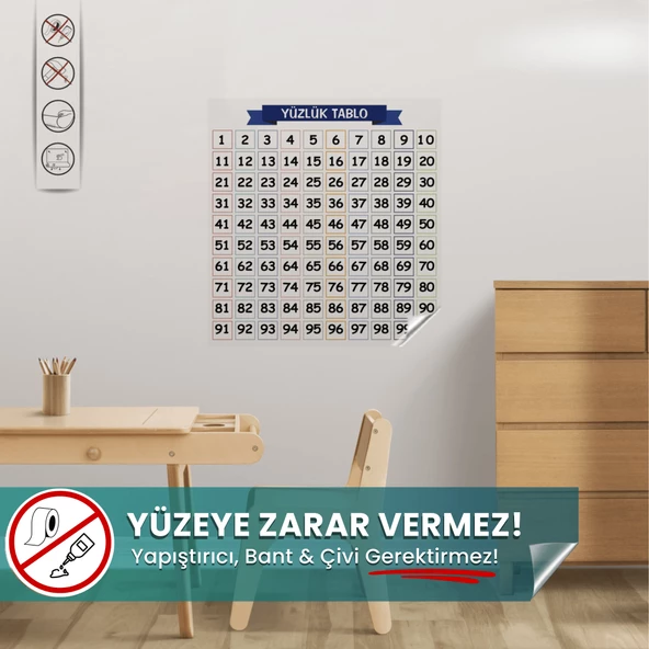 Yüzlük Tablo, Matematik Öğreniyorum, İz Bırakmaz, Yapışkansız Tutunan Akıllı Kağıt Yazı Tahtası ürün görseli 1