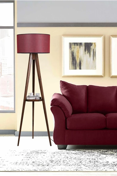 Lumexx Sehbalı Tripod Ceviz Lambader Silindir Hasır Bordo Abajurlu ürün görseli 1