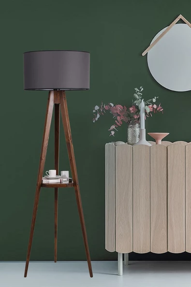 Lumexx Sehbalı Tripod Ceviz Lambader Silindir Koyu Gri Abajurlu ürün görseli 1