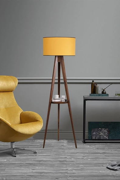Lumexx Sehbalı Tripod Ceviz Lambader Silindir Hardal Abajurlu ürün görseli 1