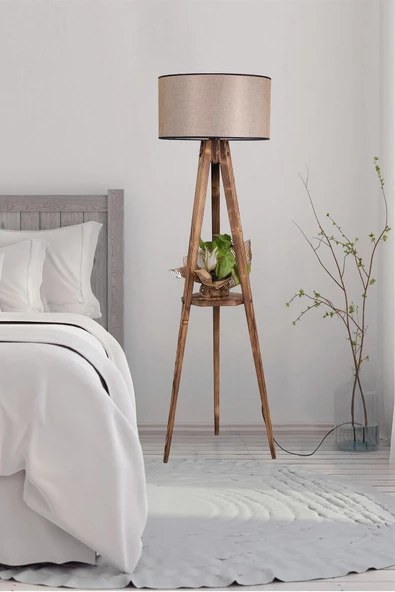 Lumexx Sehbalı Tripod Yanık Lambader Silindir Koyu Hasır Abajurlu ürün görseli 1