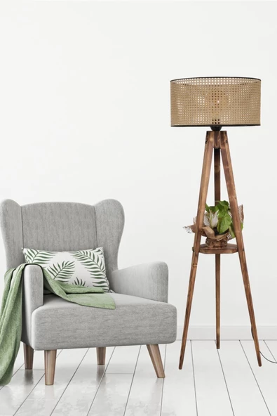 Lumexx Sehbalı Tripod Lambader Yanık Silindir Rattan Abajurlu ürün görseli 1
