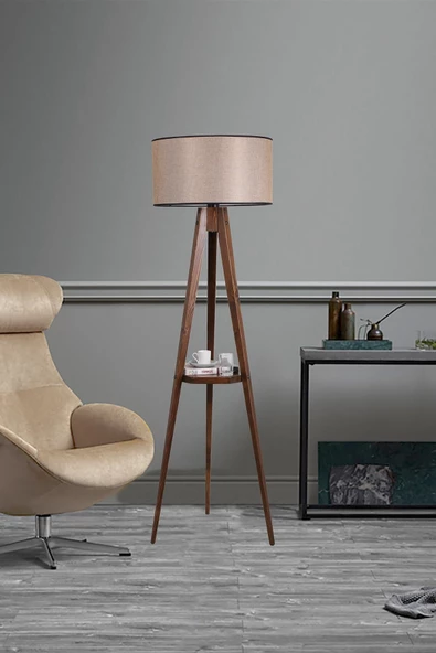 Lumexx Sehbalı Tripod Ceviz Lambader Silindir Açık Hasır Abajurlu ürün görseli 1
