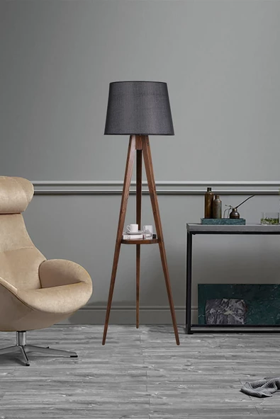Lumexx Sehbalı Tripod Ceviz Lambader Pramit Hasır Siyah Abajurlu ürün görseli 1