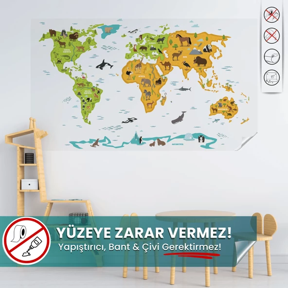 Şeffaf Renkli Hayvanlı Dünya Haritası, Yapışkansız, Elektrostatik Özellikli Akıllı Kağıt Harita ürün görseli 1