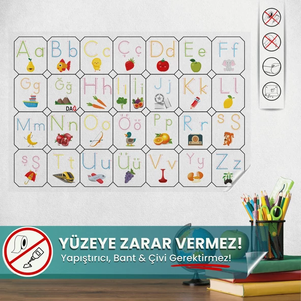 Resimli Türkçe Alfabe, Yüzeye Zarar Vermeyen Sihirli Akıllı Kağıt Yazı Tahtası, Alfabe Öğreniyorum ürün görseli 1