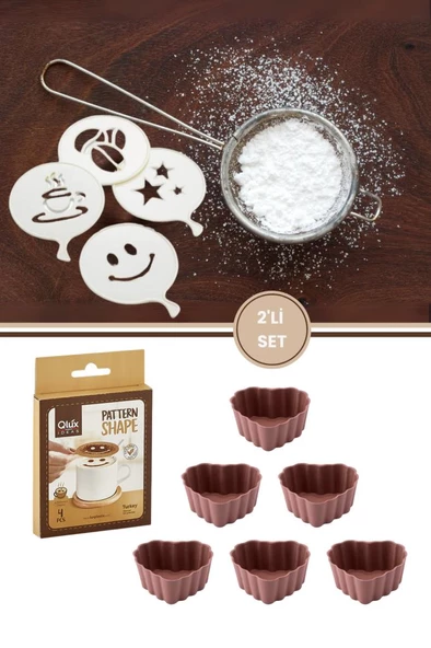 6lı Silikon Kalp Muffin Airfryer Kek Kalıbı ve Pasta Süsleme Şablonu, Kahve, Tatlı Şekillendirici Süsleme Aparatı İkili Set ürün görseli 1