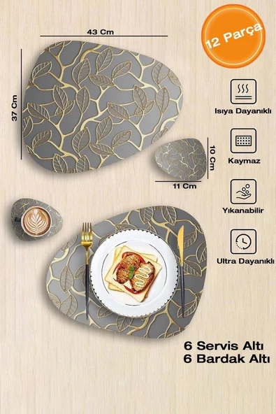 Valerine Life Gold Sarmaşık Yapraklı Amerikan Deri Kaymaz Yıkanabilir Gri Servis Altlığı 12 Parça 6 Kişilik ürün görseli 1