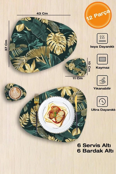 Valerine Life Yeşil Gold Palmiye Yaprak Desenli Amerikan Deri Kaymaz Yıkanabilir Servis Altlığı 12 Parça 6 Kişilik ürün görseli 1
