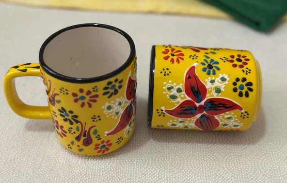 Çini El İşlemeli Seramik Sarı Dantel Desen Kupa Bardak - 2 adet ürün görseli 1
