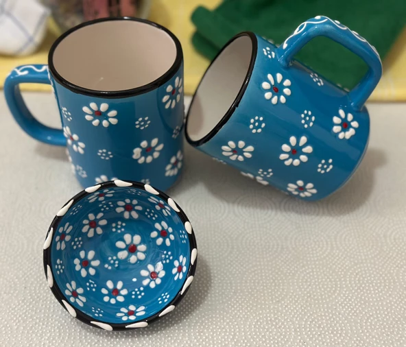 Papatya Desen 2 li El işleme Çay Kahve Kupa Ve 1 adet Lokumluk Kase ürün görseli 1