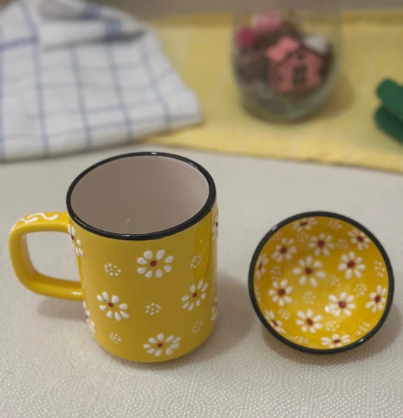 Papatya Desen Sarı Çay Kahve Kupa Lokumluk Kase - 1 adet ürün görseli 1