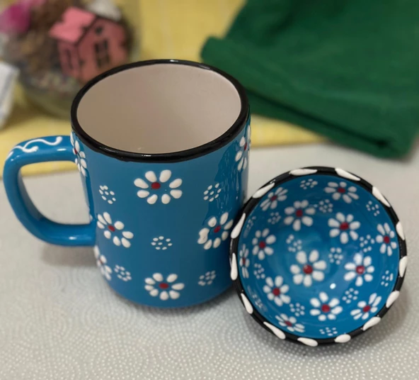 Mavi Renk Papatya Çay Desen Kahve Kupa Ve Lokumluk Kase ürün görseli 1