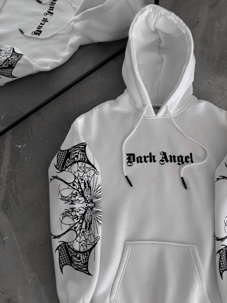 Üç İplik Kapşonlu Baskılı Oversize SweatShirt- Beyaz ürün görseli 1